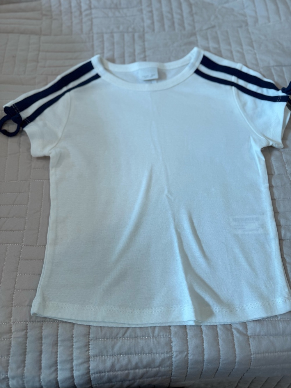 Zara White Tee with Navy Shoulder Stripes